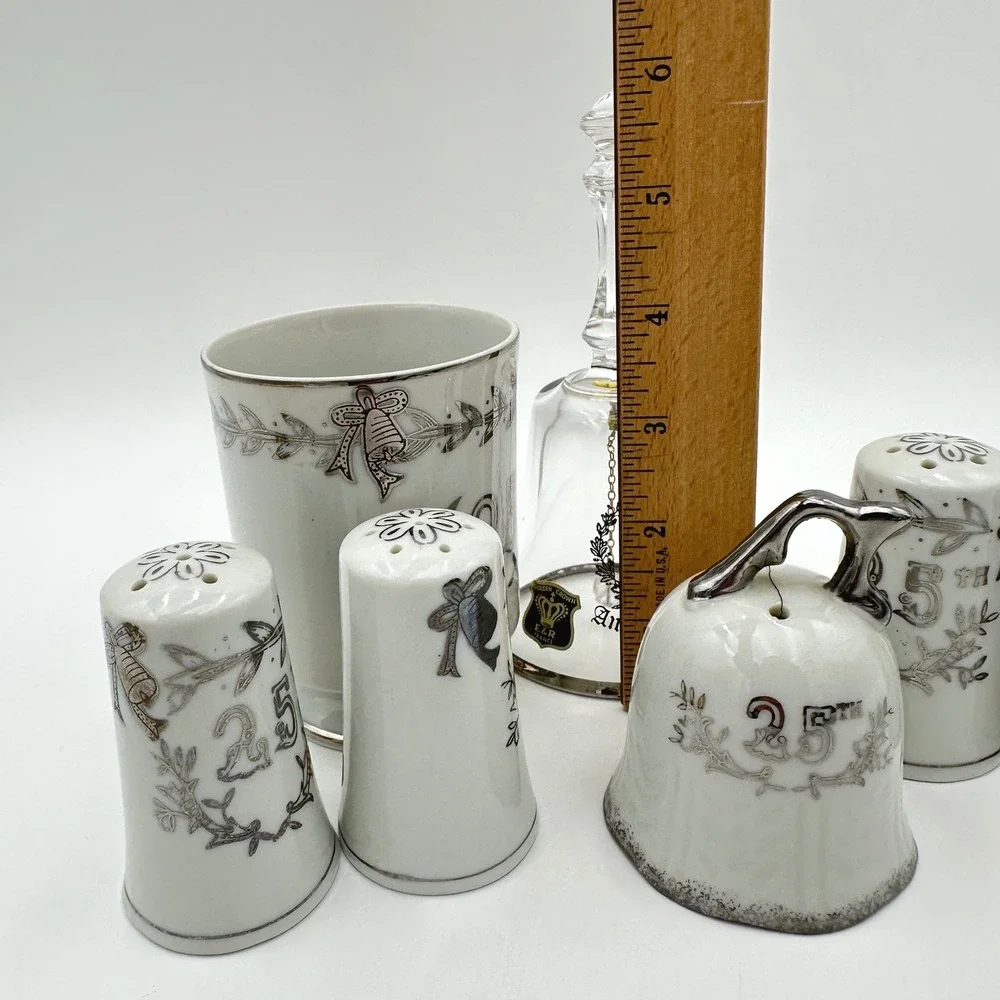 Lefton E&R France 25th Anniversary Porcelain Silver Cup Shakers Crystal Bell